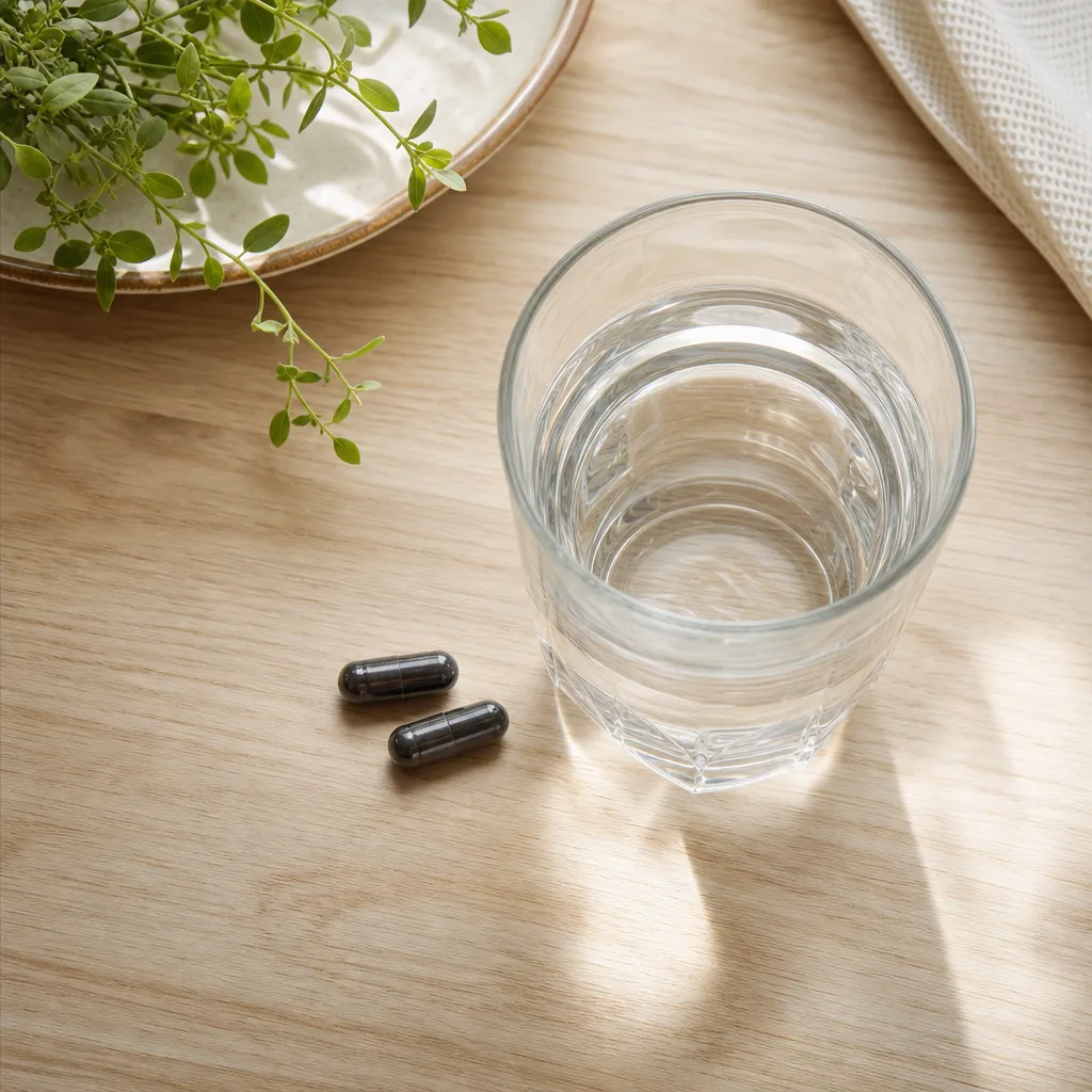 Cápsulas de huanarpo macho con un vaso de agua